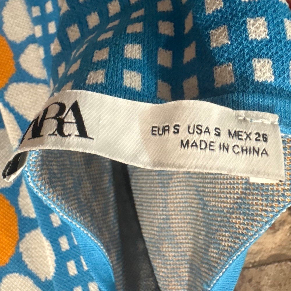Zara Blue Gingham Daisy Floral Knit Mini Dress Open Back Size Small - Picture 9 of 15